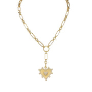 Sophia Heart Medallion Necklace with bold gold chain and dual heart pendant on white backgroud