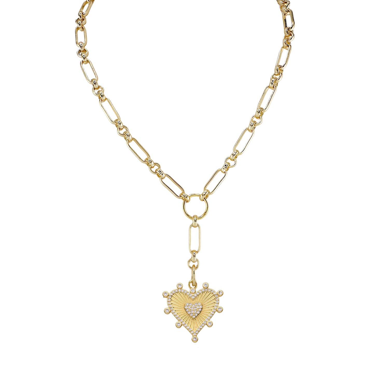 Sophia Heart Medallion Necklace with bold gold chain and dual heart pendant on white backgroud