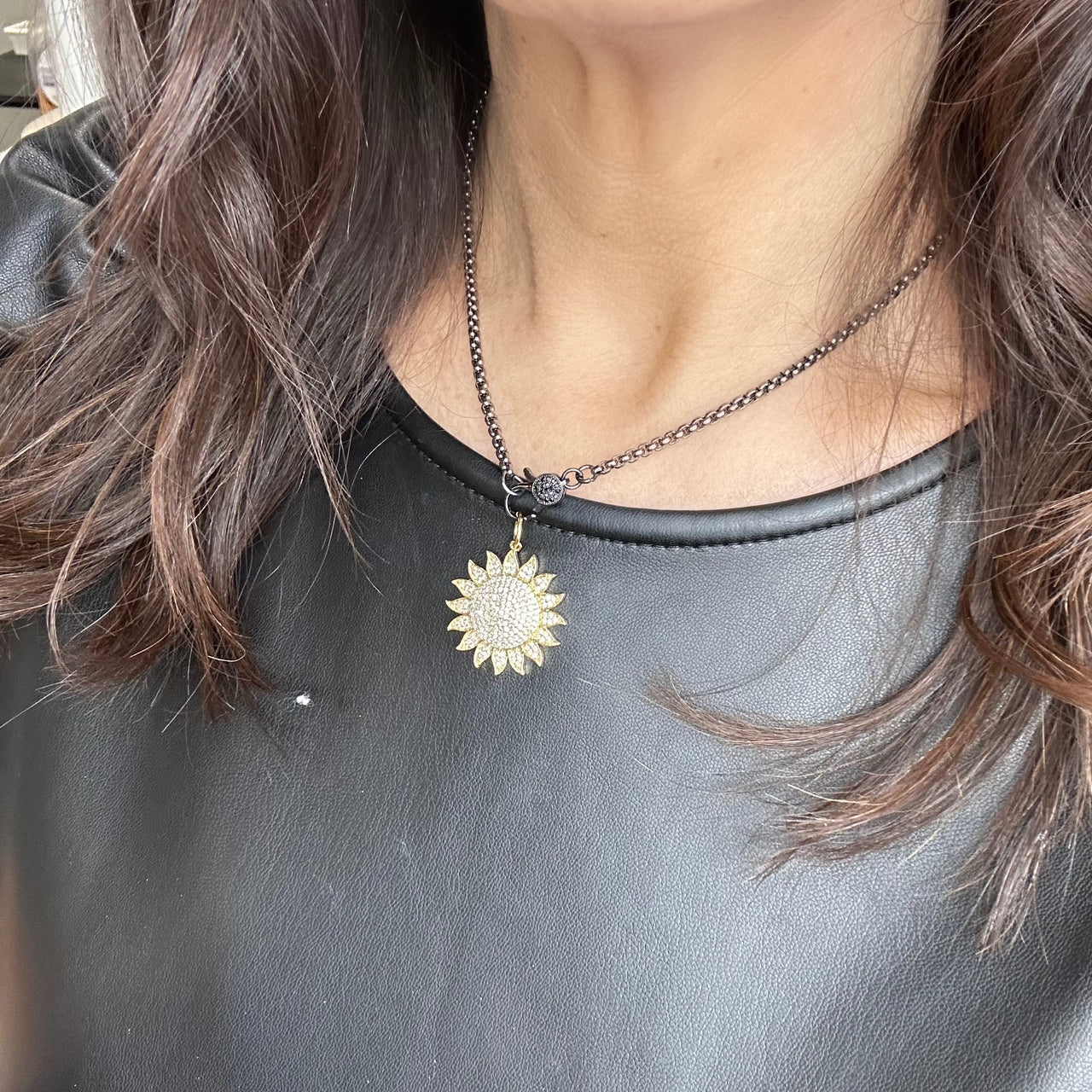 Sophia Sun Pendant shown on model – gold charm necklace for everyday wear