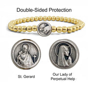 Subliminal Saint Gerard beaded bracelet with gold beads and double sided saint medal charm for protection and faith