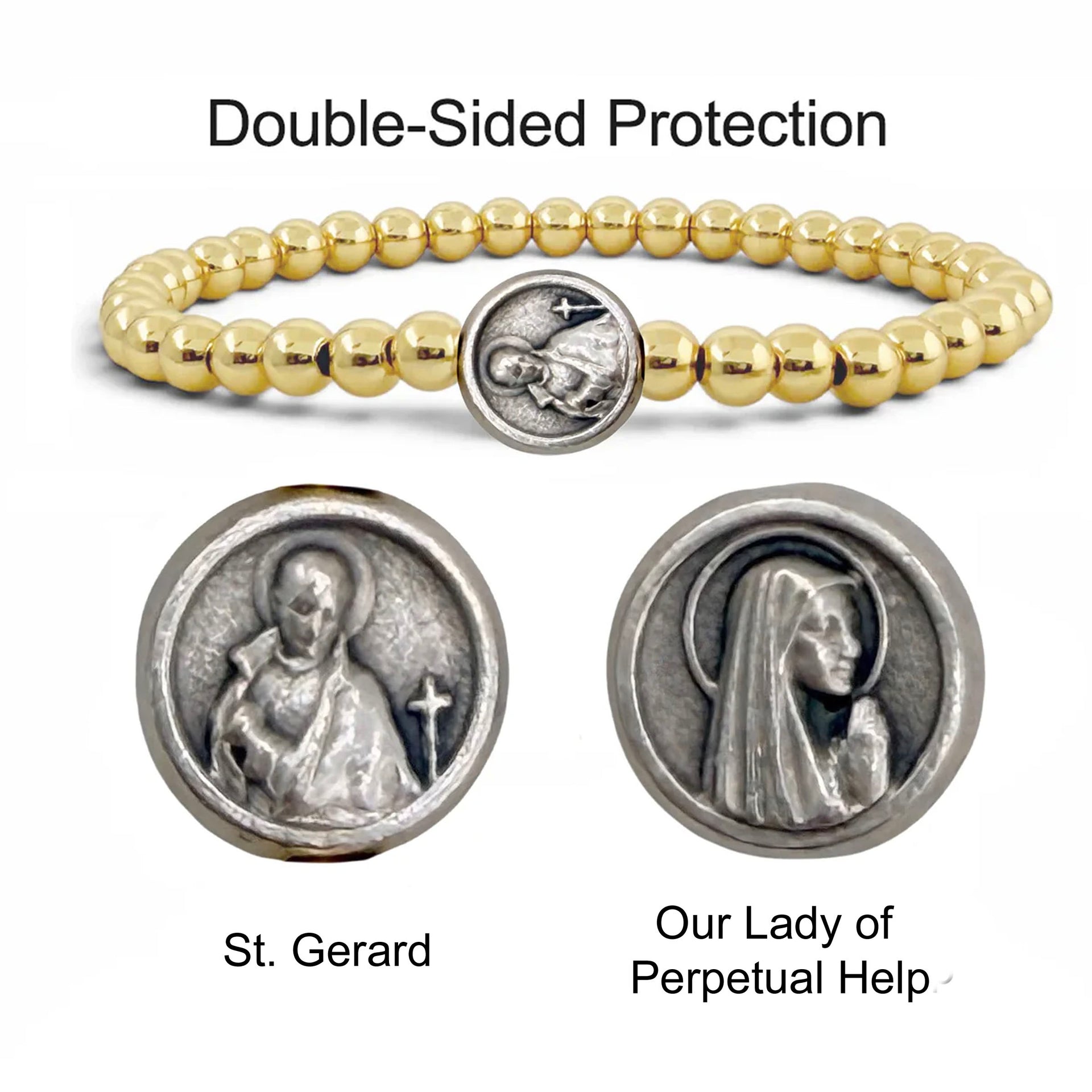 Subliminal Saint Gerard beaded bracelet with gold beads and double sided saint medal charm for protection and faith