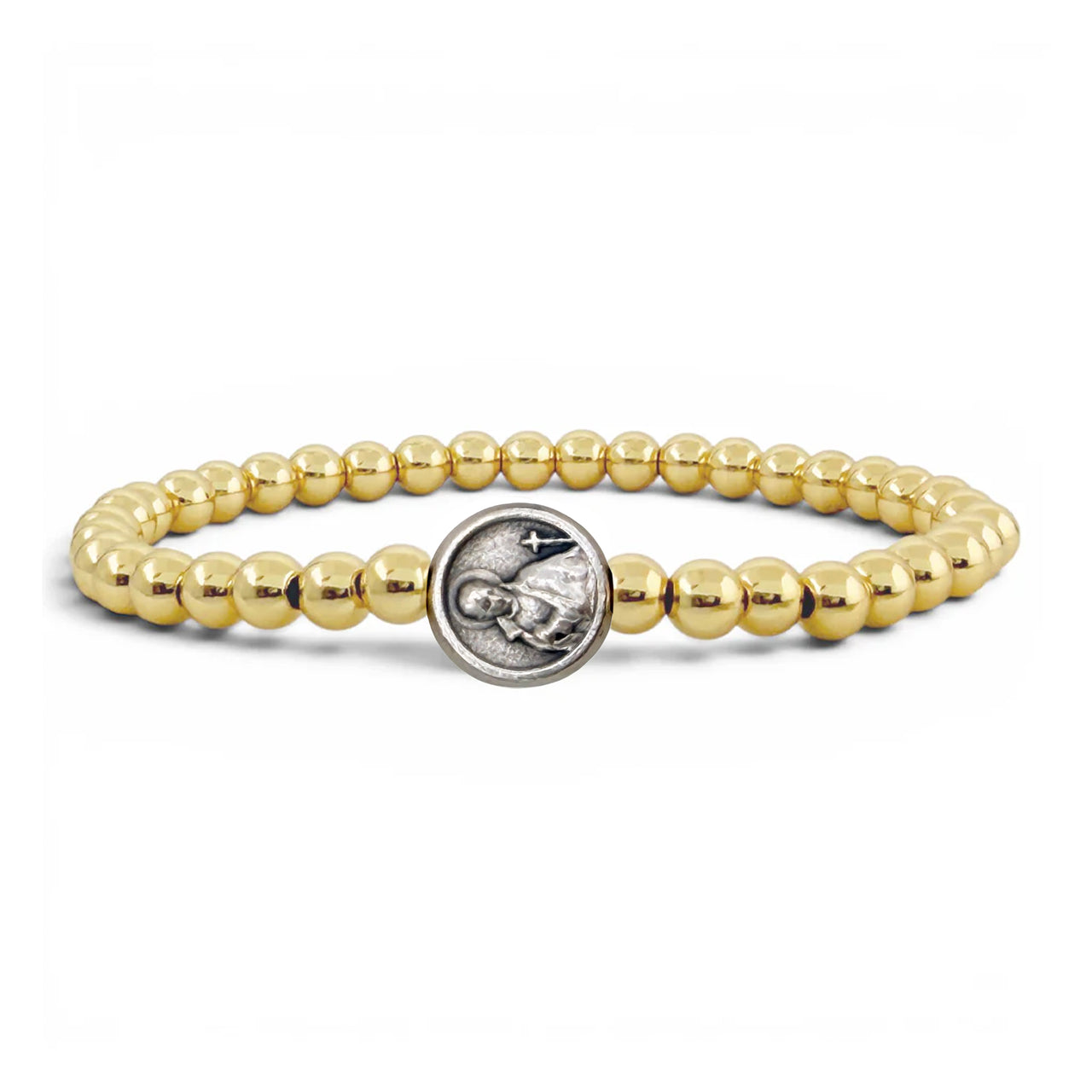 Gold Saint Gerard beaded stretch bracelet with round Saint Gerard medallion charm