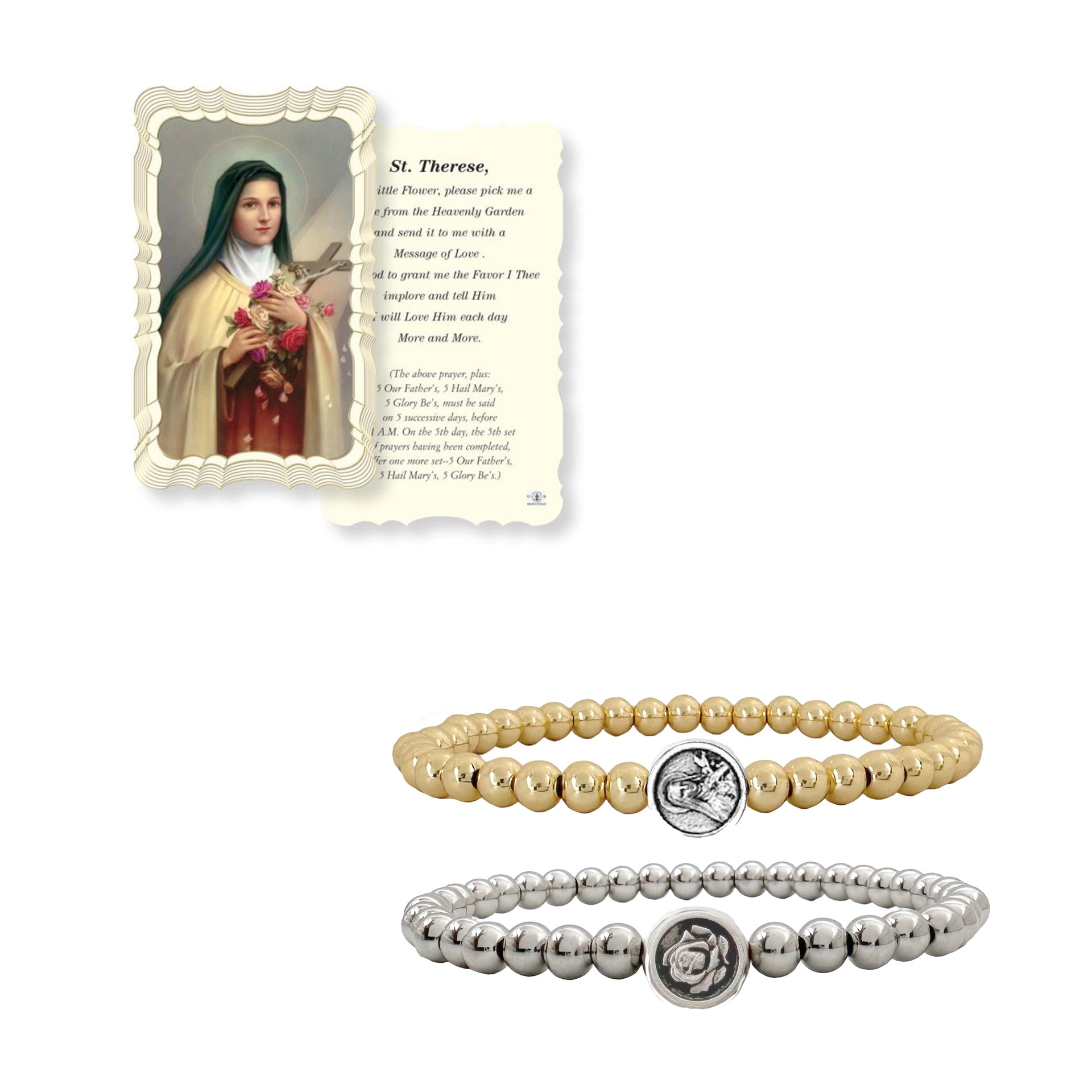 
Gold beaded bracelet with St. Therese charm representing the Little Flower’s message of love