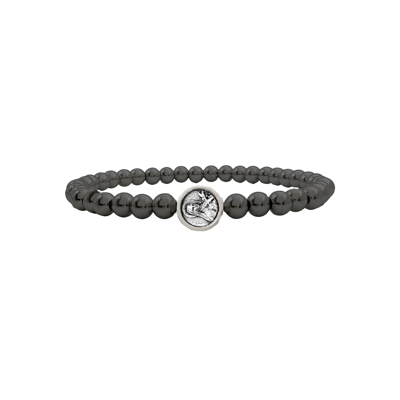 
Gunmetal beaded bracelet with St. Therese coin charm representing strength and devotion