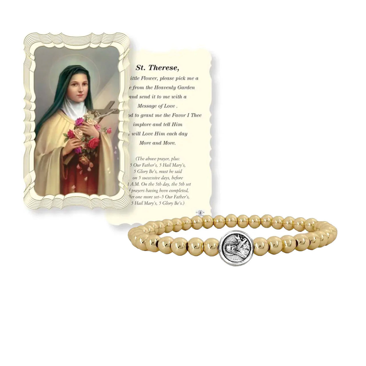 
St. Therese prayer card displayed with gold and silver beaded bracelets featuring saint medallions