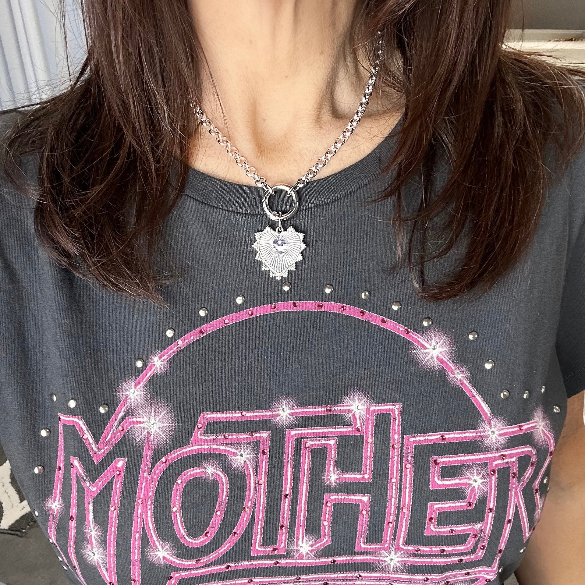 silver spiked heart necklace styled with mother t shirt