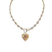 Stacy Gold Fan Heart Charm in gold with vintage fan design and clasp on Amanda Diamond Heart Chain