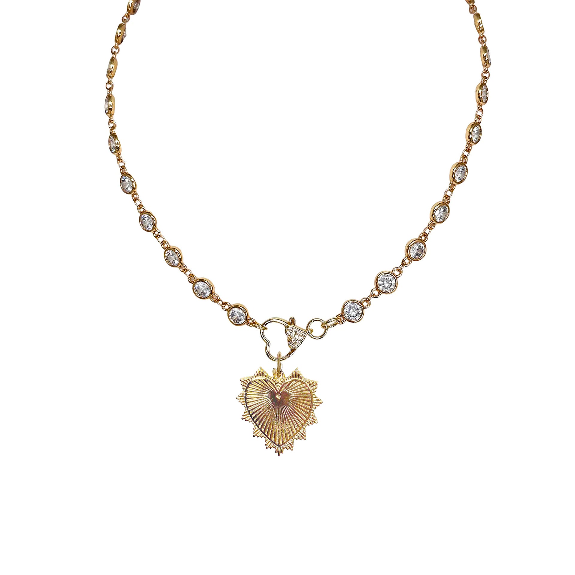 Stacy Gold Fan Heart Charm in gold with vintage fan design and clasp on Amanda Diamond Heart Chain