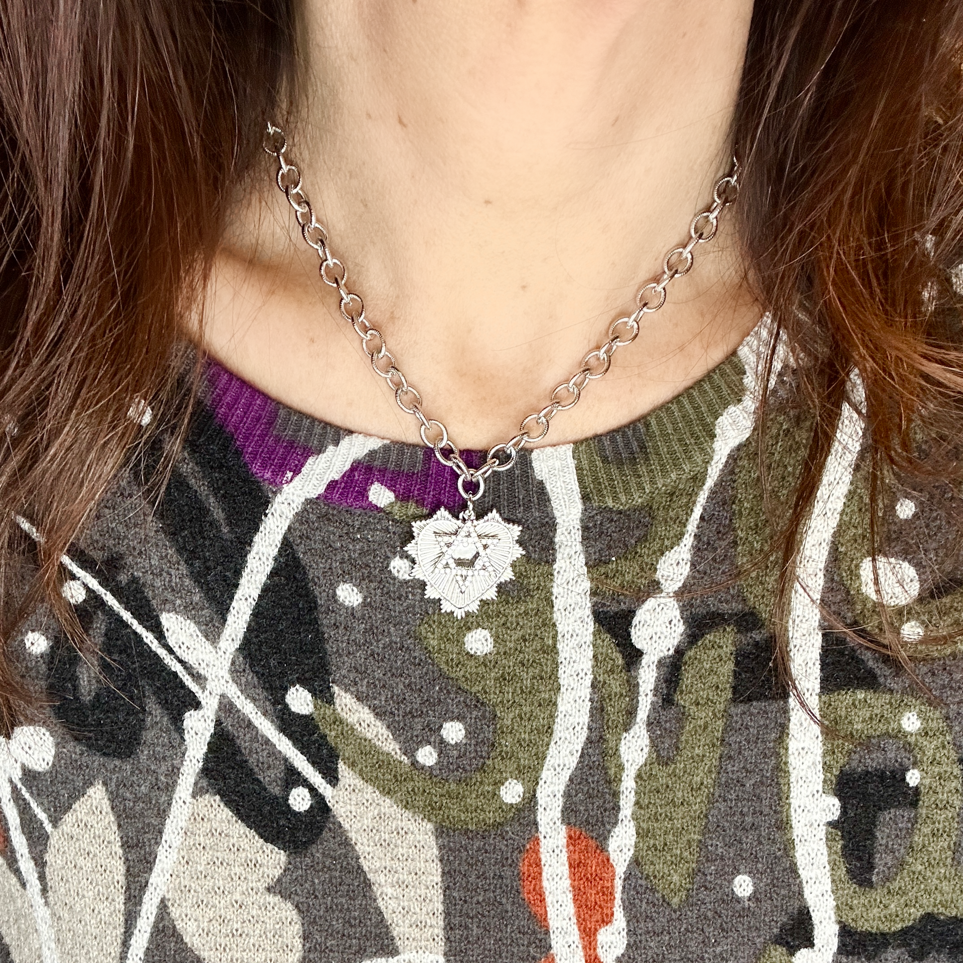 Layered Stacy Heart Star of David charm necklace styled on model Love Lisa