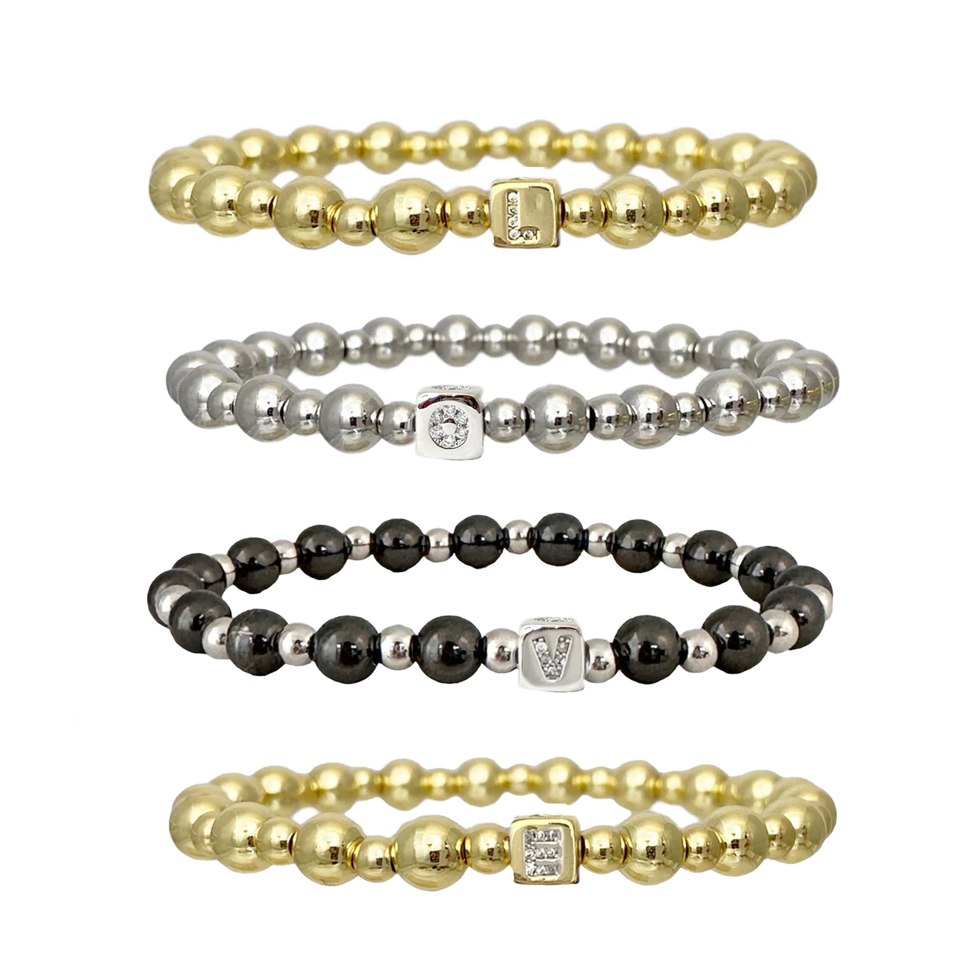 stacy initial beaded bracelet group display gold silver and gunmetal beaded bracelets with initial charms