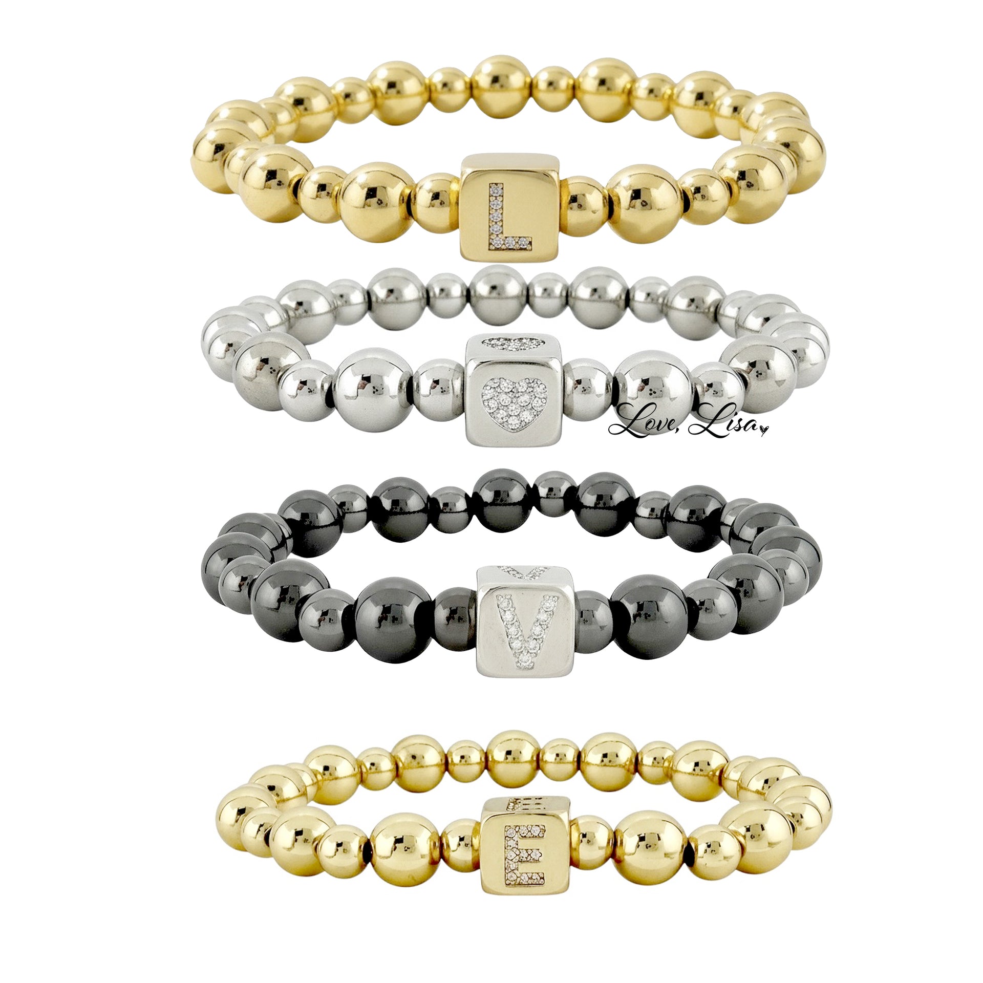 Set of four beaded bracelets with metal clasp and 'L' logo on a white background