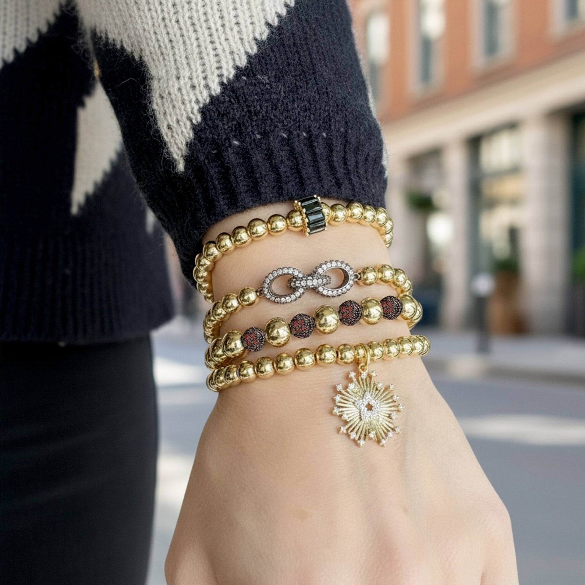 Love Lisa Stacy Pavé gold bracelet stack on wrist