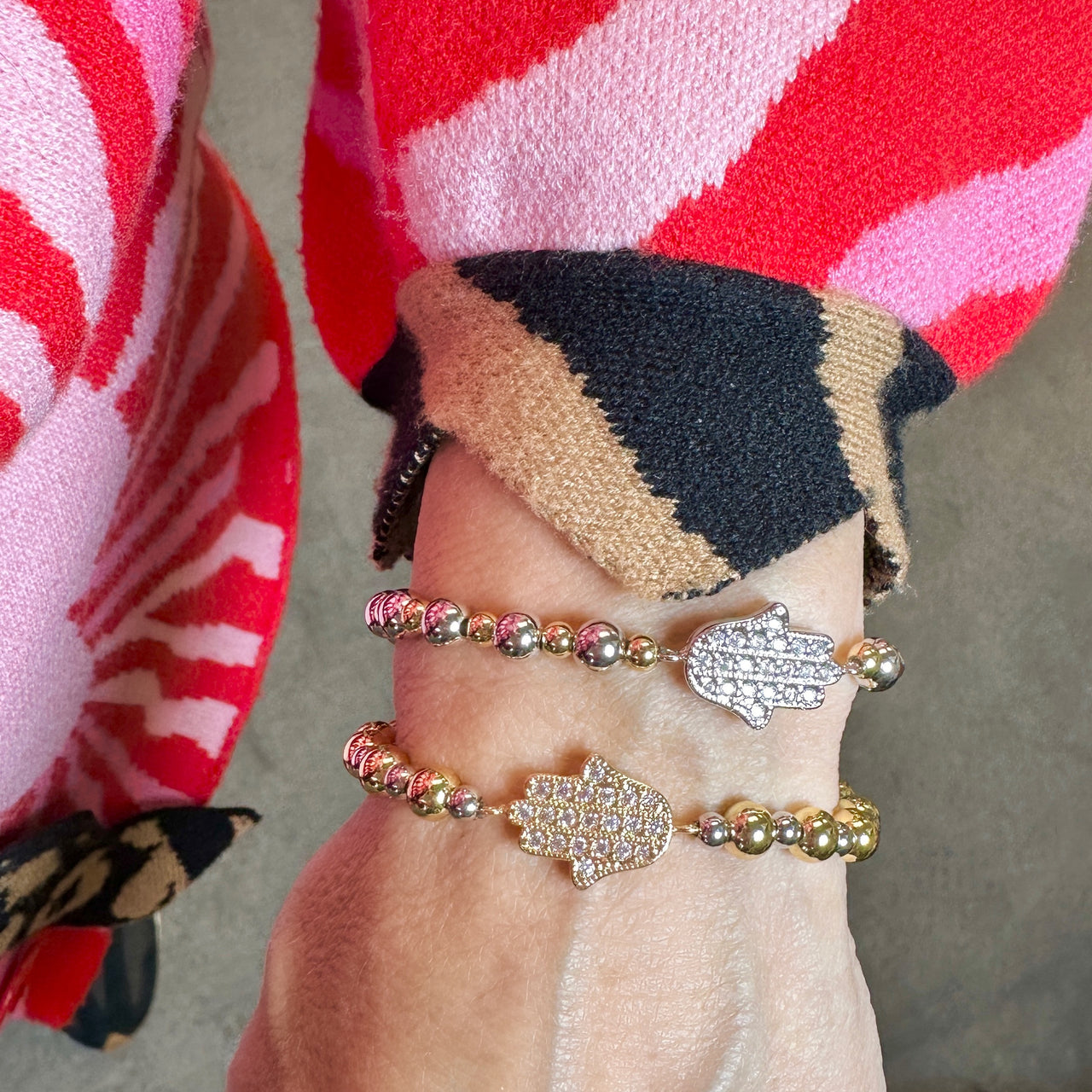 Love Lisa stacy perfect hamsa bracelet gold worn stacked with layered beaded bracelets