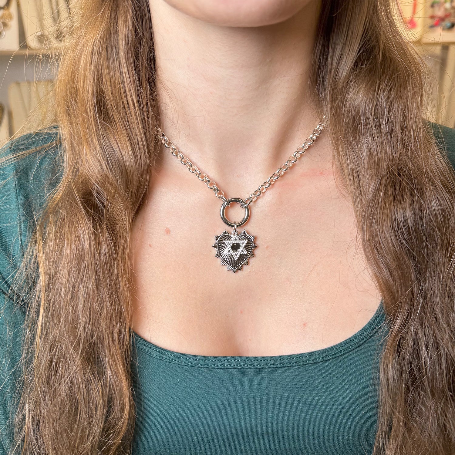 model wearing stacy star of david charm on clasp necklace love lisa