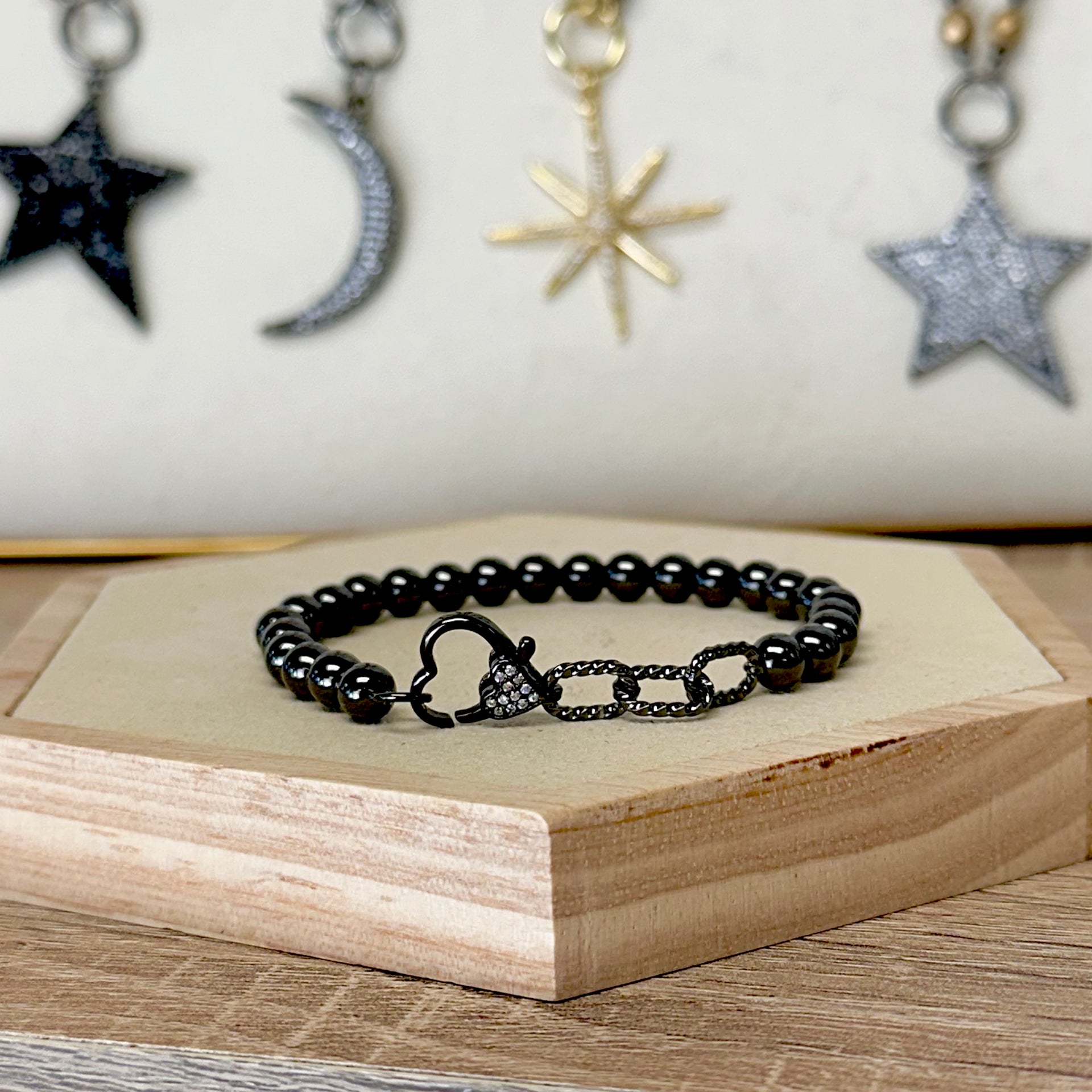 Stacy Stretch Rope Heart Beaded Bracelet in gunmetal finish with pavé heart accent