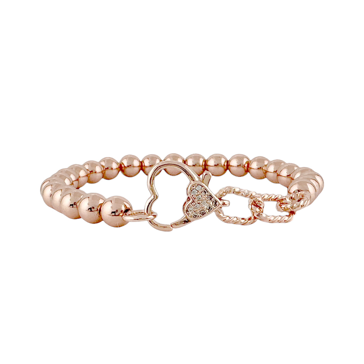 Stacy Stretch Rope Heart Beaded Bracelet in rose gold with pavé heart charm
