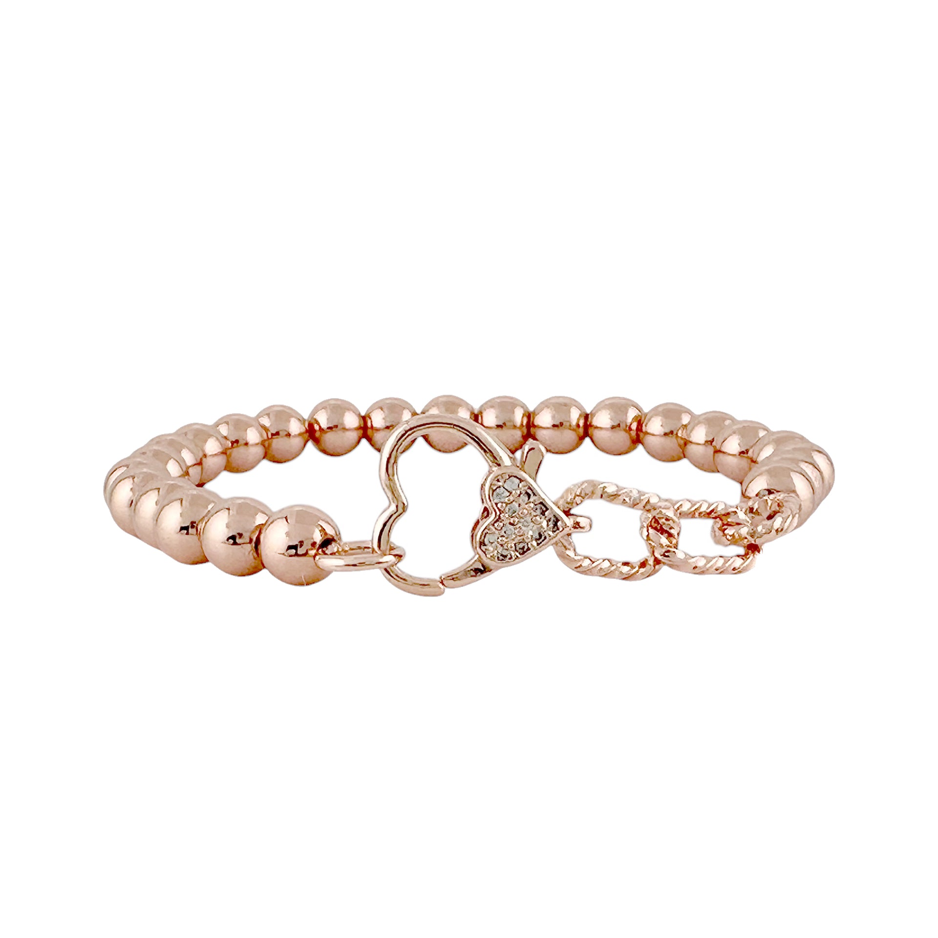Stacy Stretch Rope Heart Beaded Bracelet in rose gold with pavé heart charm