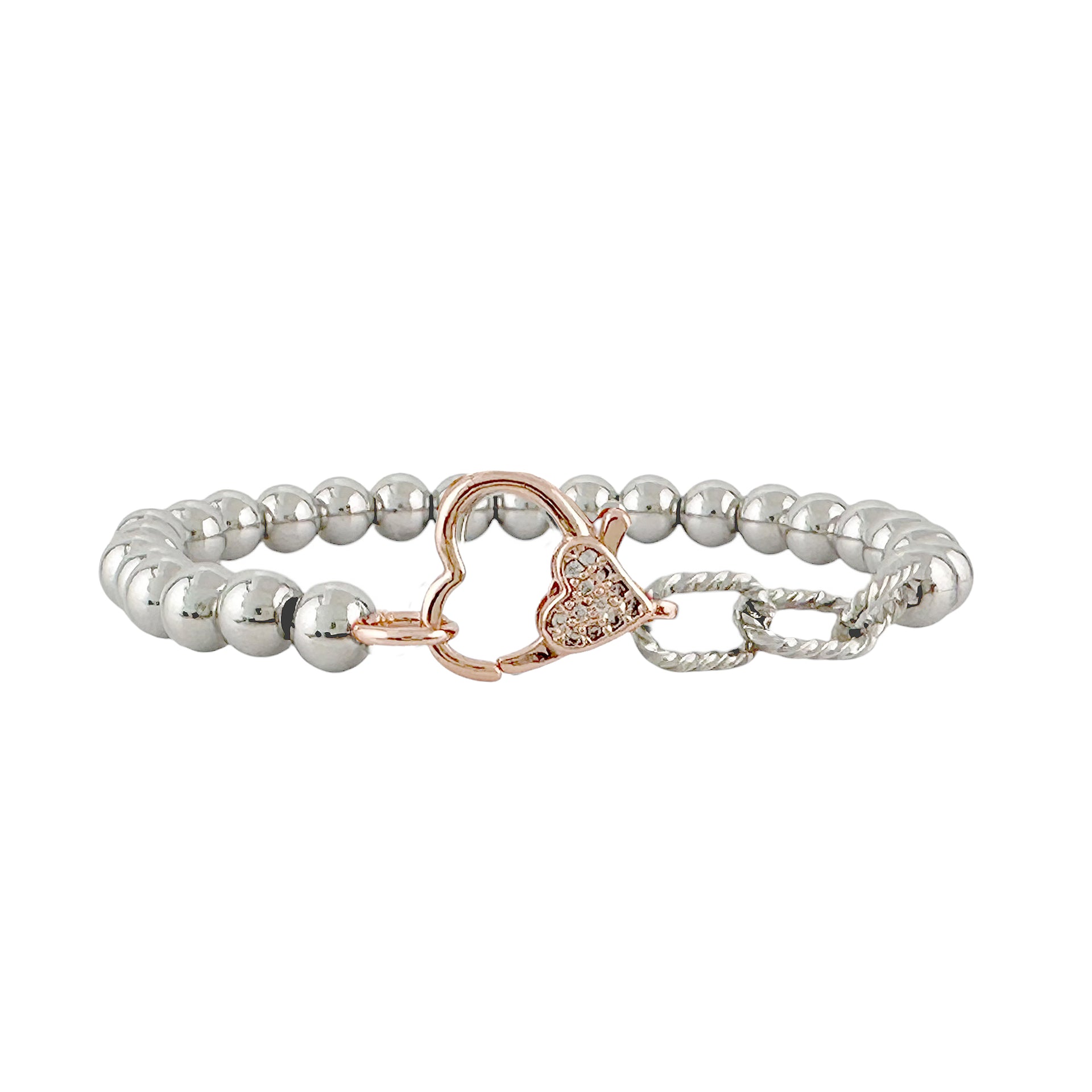 Stacy Stretch Rope Heart Beaded Bracelet in silver and rose gold mixed metal finish