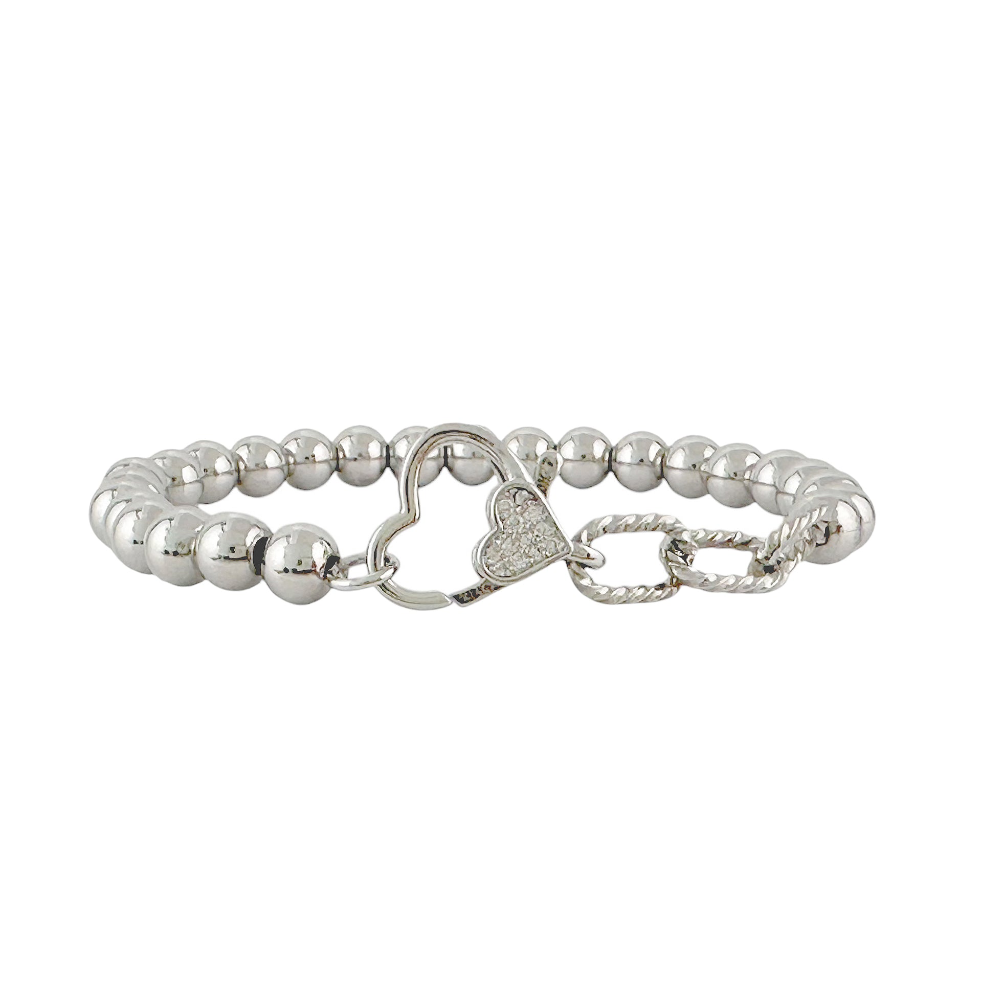 Stacy Stretch Rope Heart Beaded Bracelet in silver with pavé heart detail