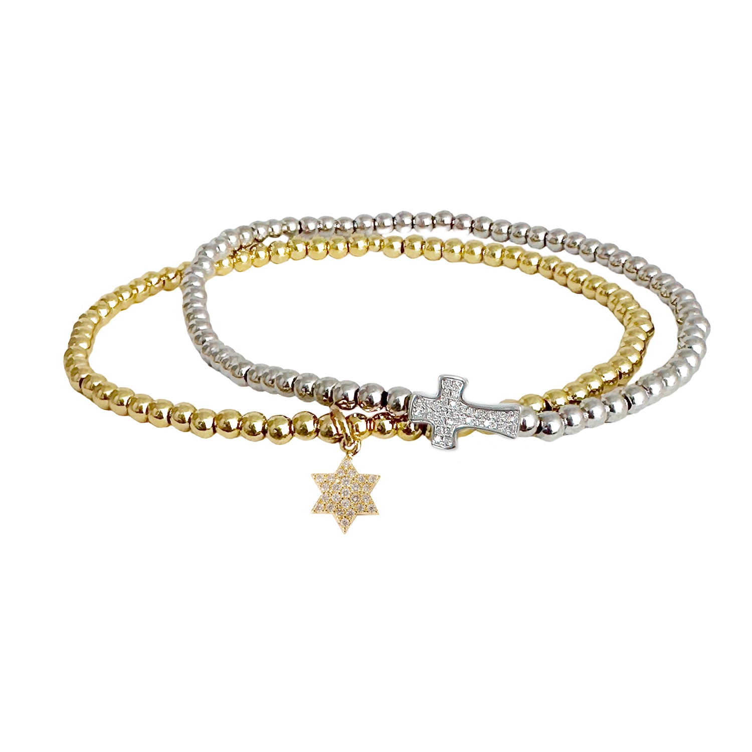 Star of David anklet layered with coordinating cross anklet in gold and silver
