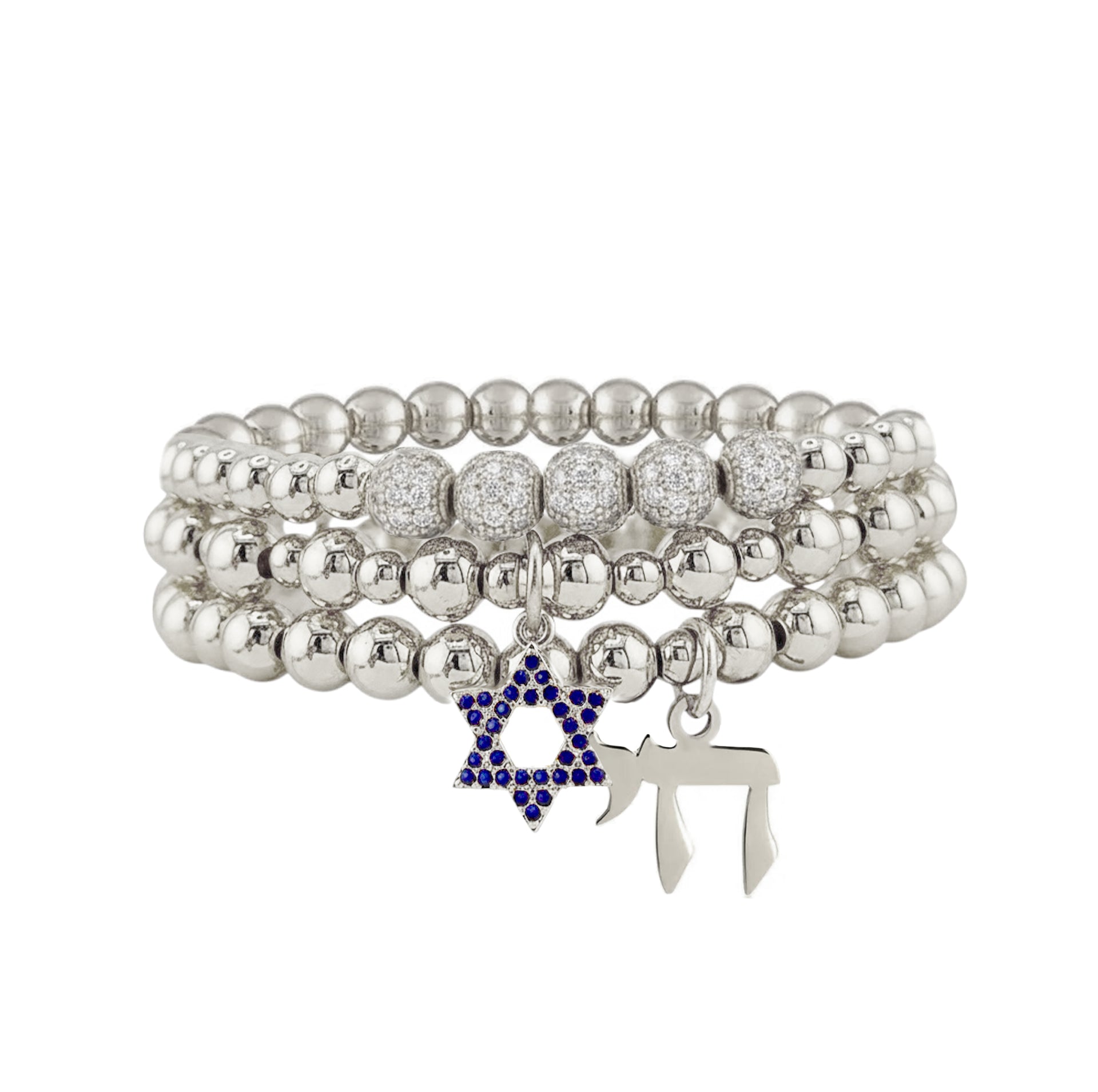 silver star of david chai bracelet stack beaded judaica pavé charm jewelry