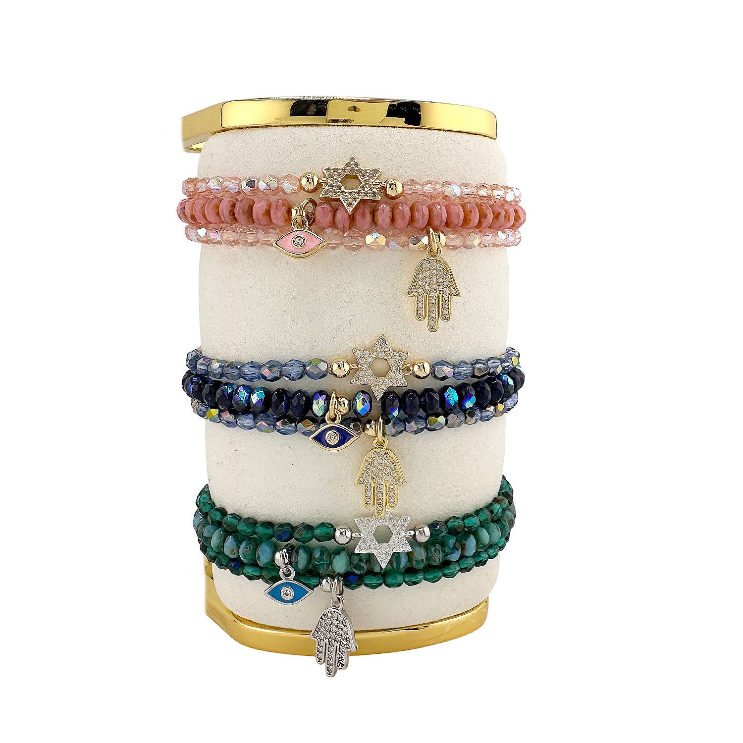 Love Lisa Star of David Evil Eye Hamsa bracelet stack with crystal beads and pavé charms