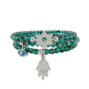 Leprechaun Star of David Evil Eye Hamsa bracelet stack with green crystal stretch beads