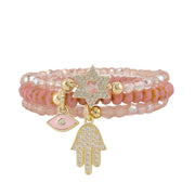 Sunset Rose Star of David Evil Eye Hamsa bracelet stack with pink crystal stretch beads