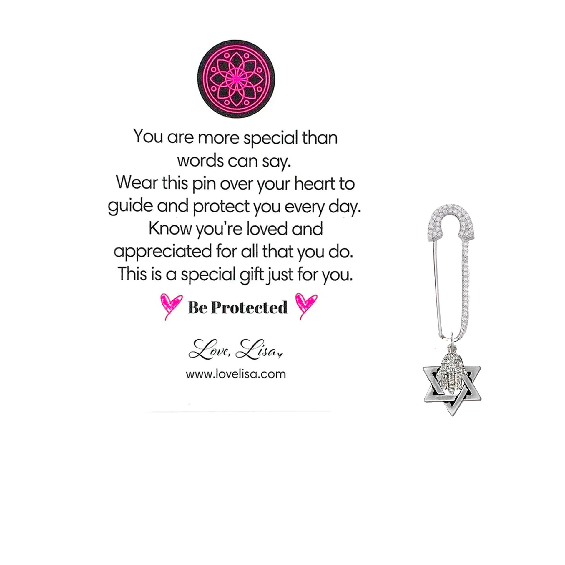 Love Lisa Star of David Hamsa safety pin with rhinestone crystals and message card