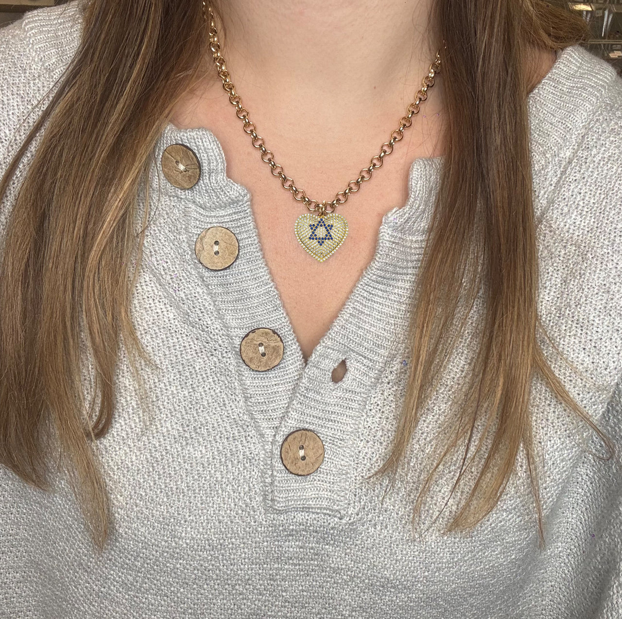 Star of David heart charm necklace gold pavé heart on model Love Lisa