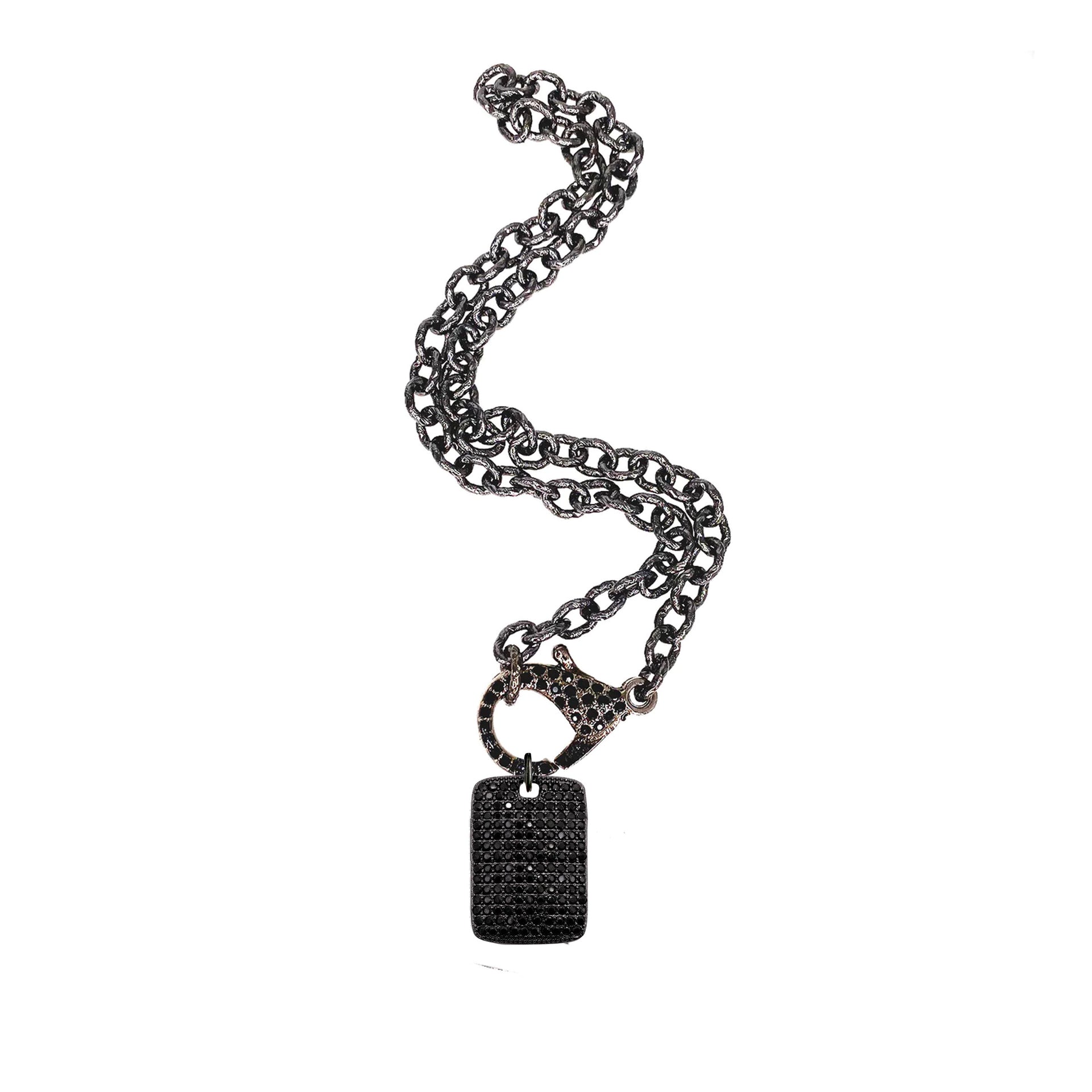 Black pavé Stella Dog Tag Charm clipped to gunmetal Tina Everyday Love Lisa clasp necklace