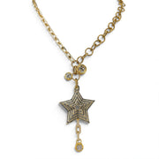 Love Lisa Stella Pavé Star Charm Necklace in Gold with mixed-link chain, dimensional layered star, two round crystal accents, and dangling crystal drop
