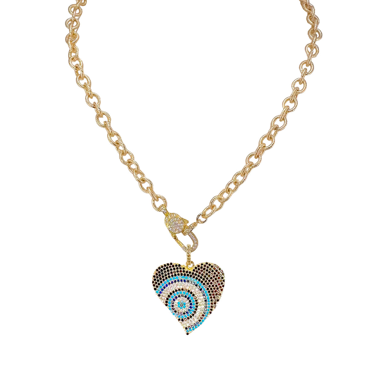 Love Lisa Steph heart protection necklace gold ribbed chain with pavé heart evil eye charm