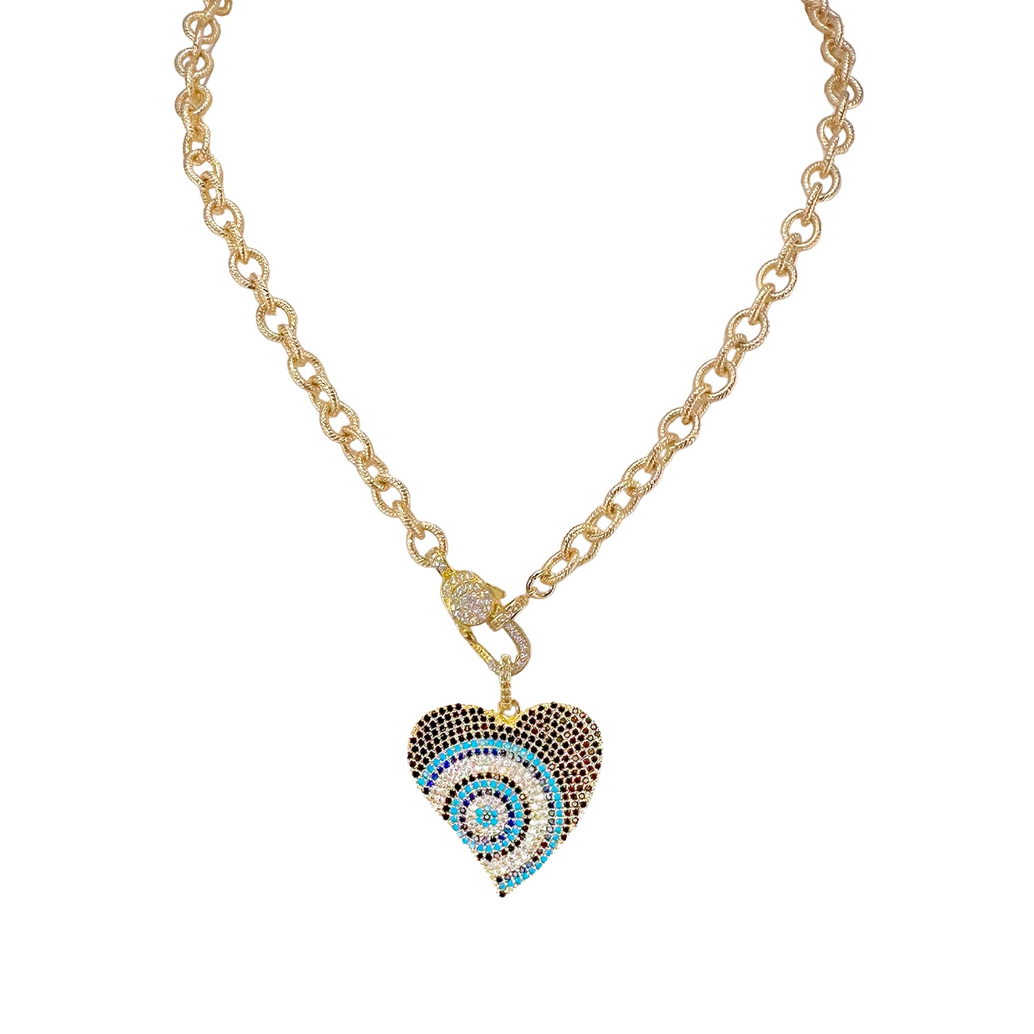 Love Lisa Steph heart protection necklace gold ribbed chain with pavé heart evil eye charm
