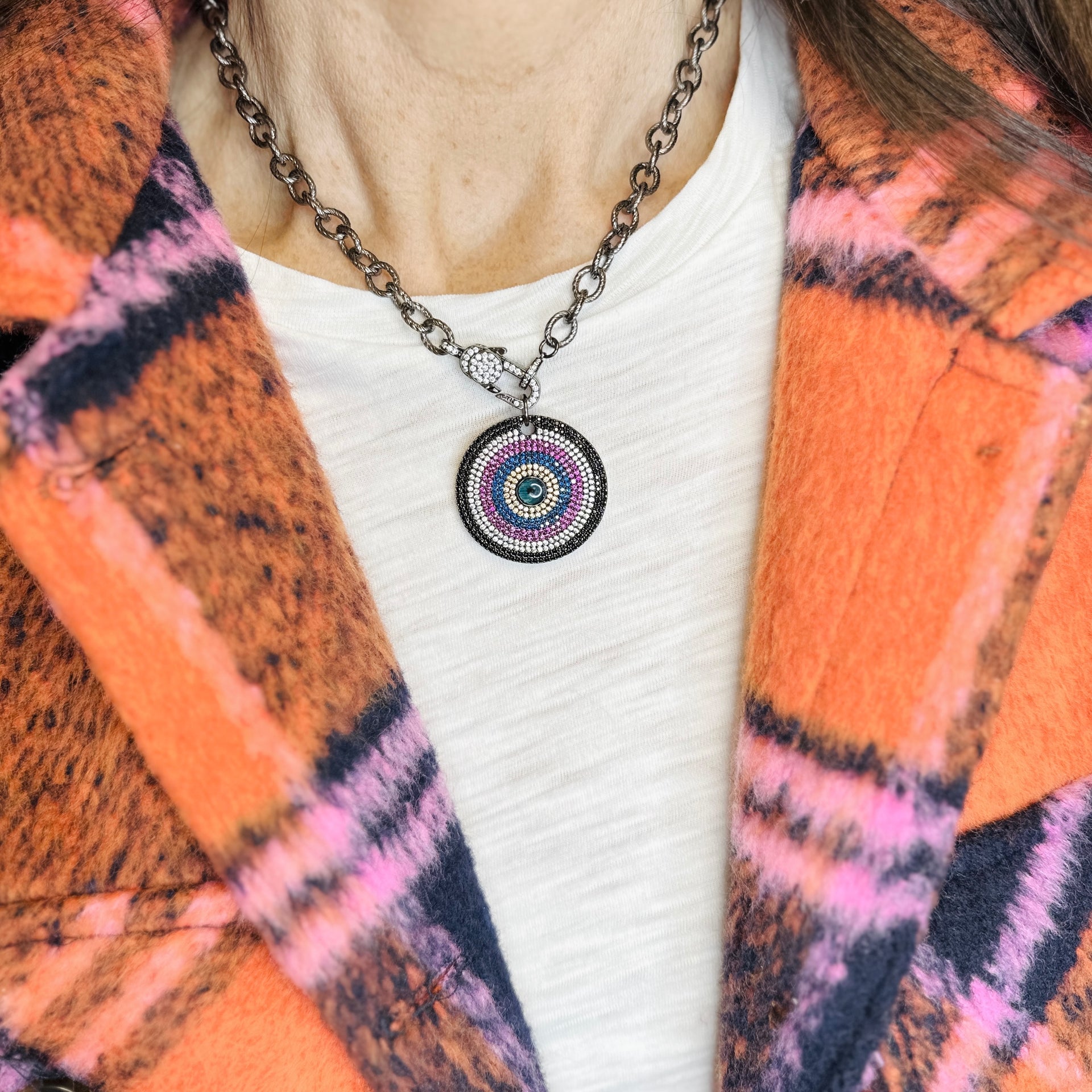 statement necklace with colorful evil eye pendant