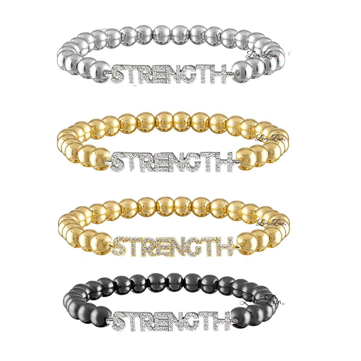 Love Lisa STRENGTH Breast Cancer Awareness Word Bracelet in multiple finishes with polished metal beads and STRENGTH pave centerpiece