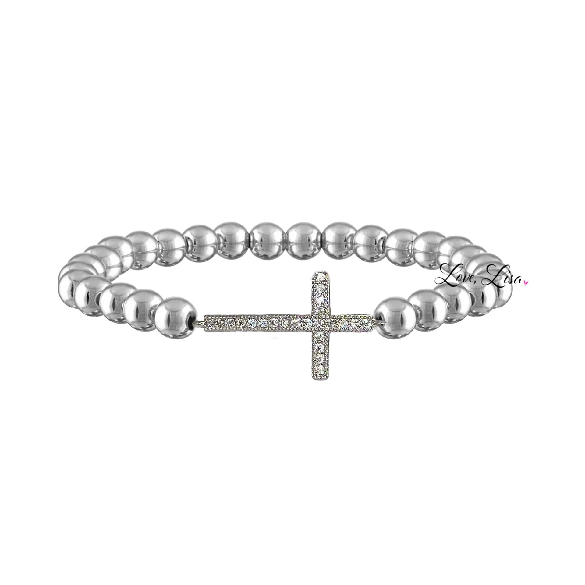 stretch diamond cross bracelet silver beaded design with cz cross love lisa