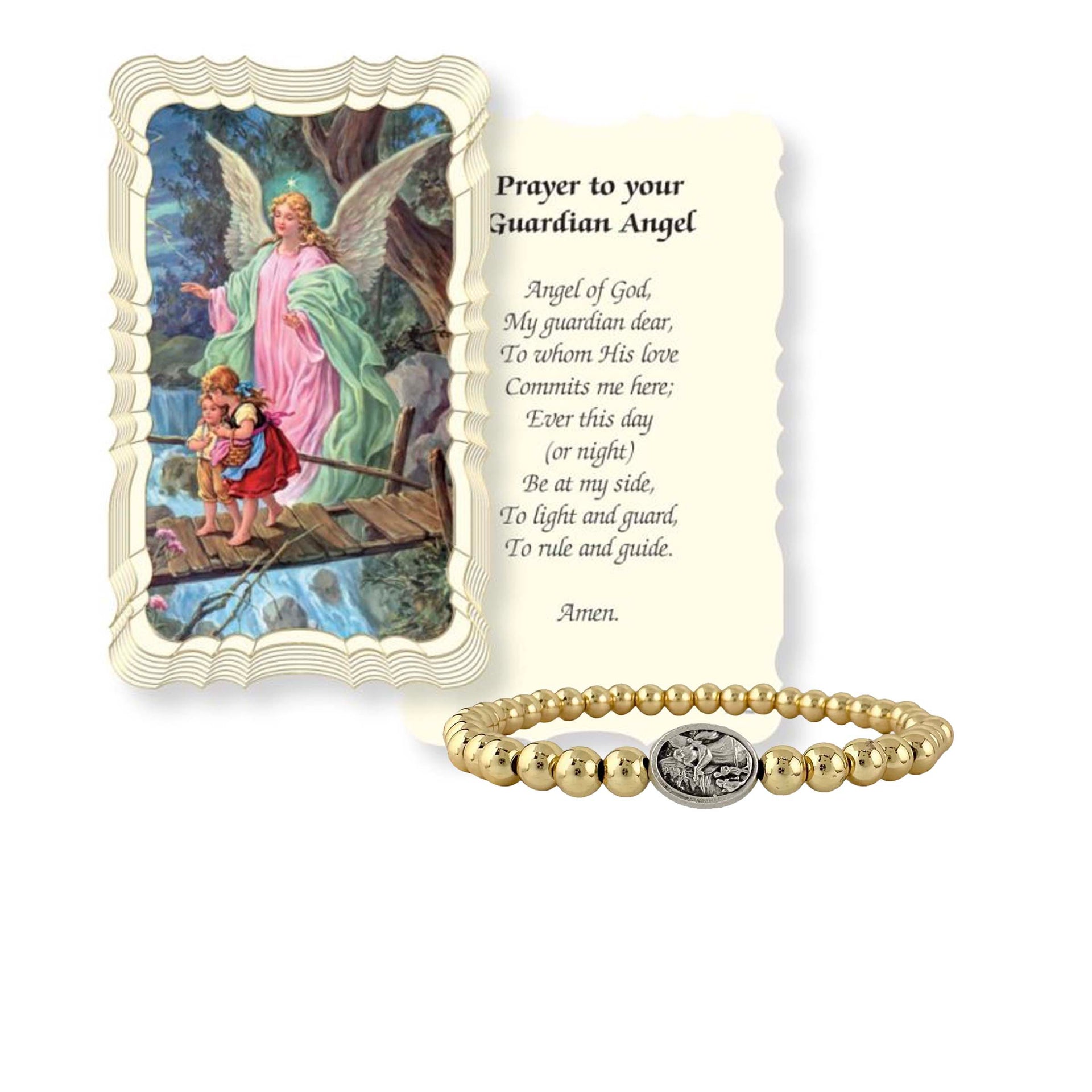 A gold-colored Subliminal Guardian Angel Bracelet with a Medal featuring Saint Michael on one side and the Guardian Angel on the other, displayed alongside a prayer card.