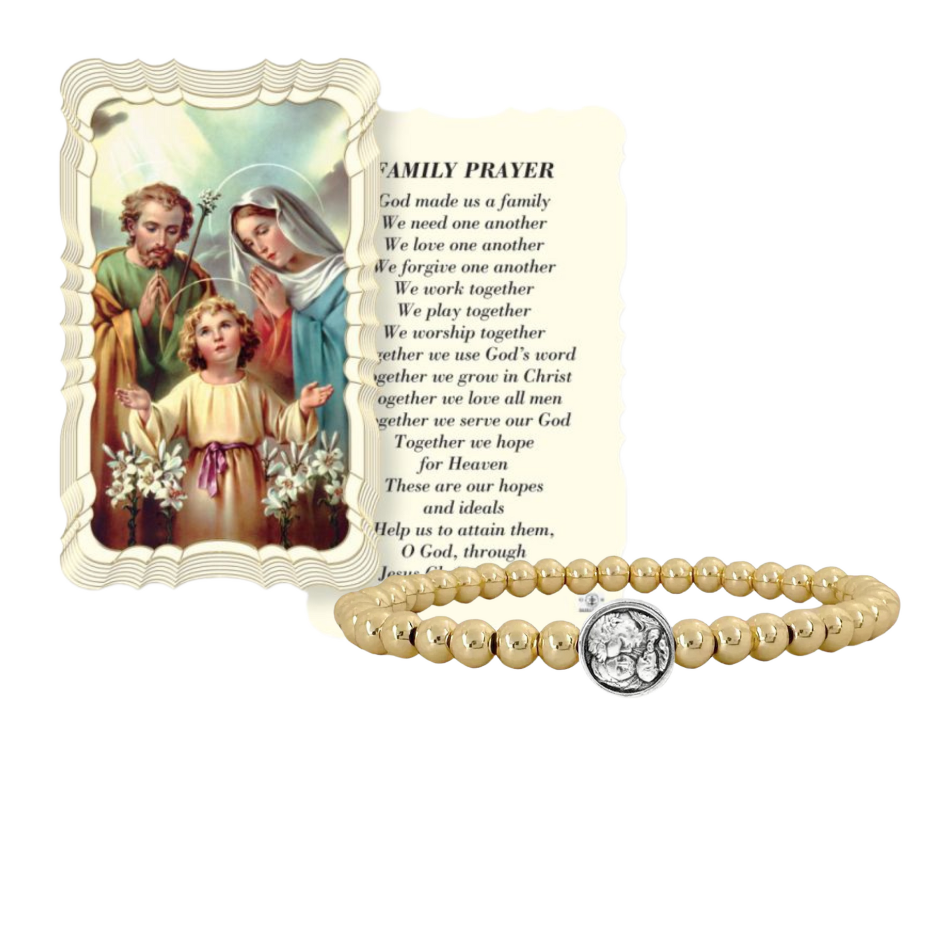 Subliminal Holy Family Beaded Bracelet with medal and prayer card