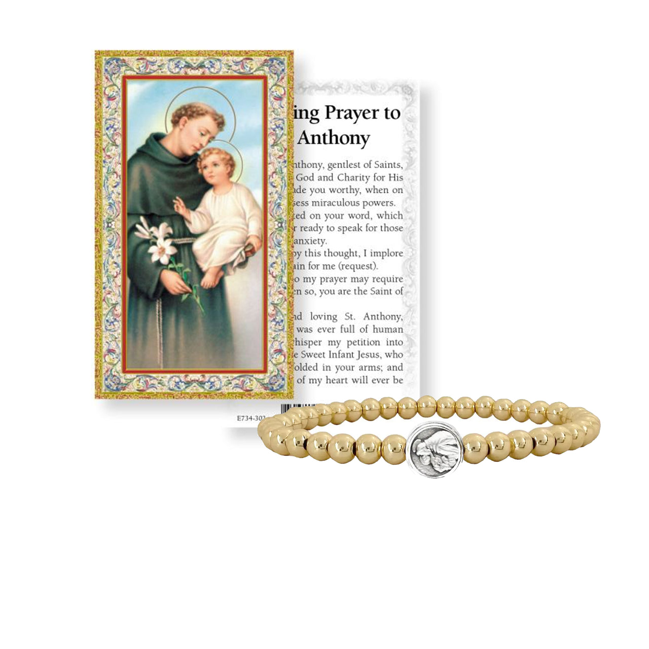 Love Lisa Subliminal Saint Anthony beaded bracelet gold religious stretch bracelet with prayer card