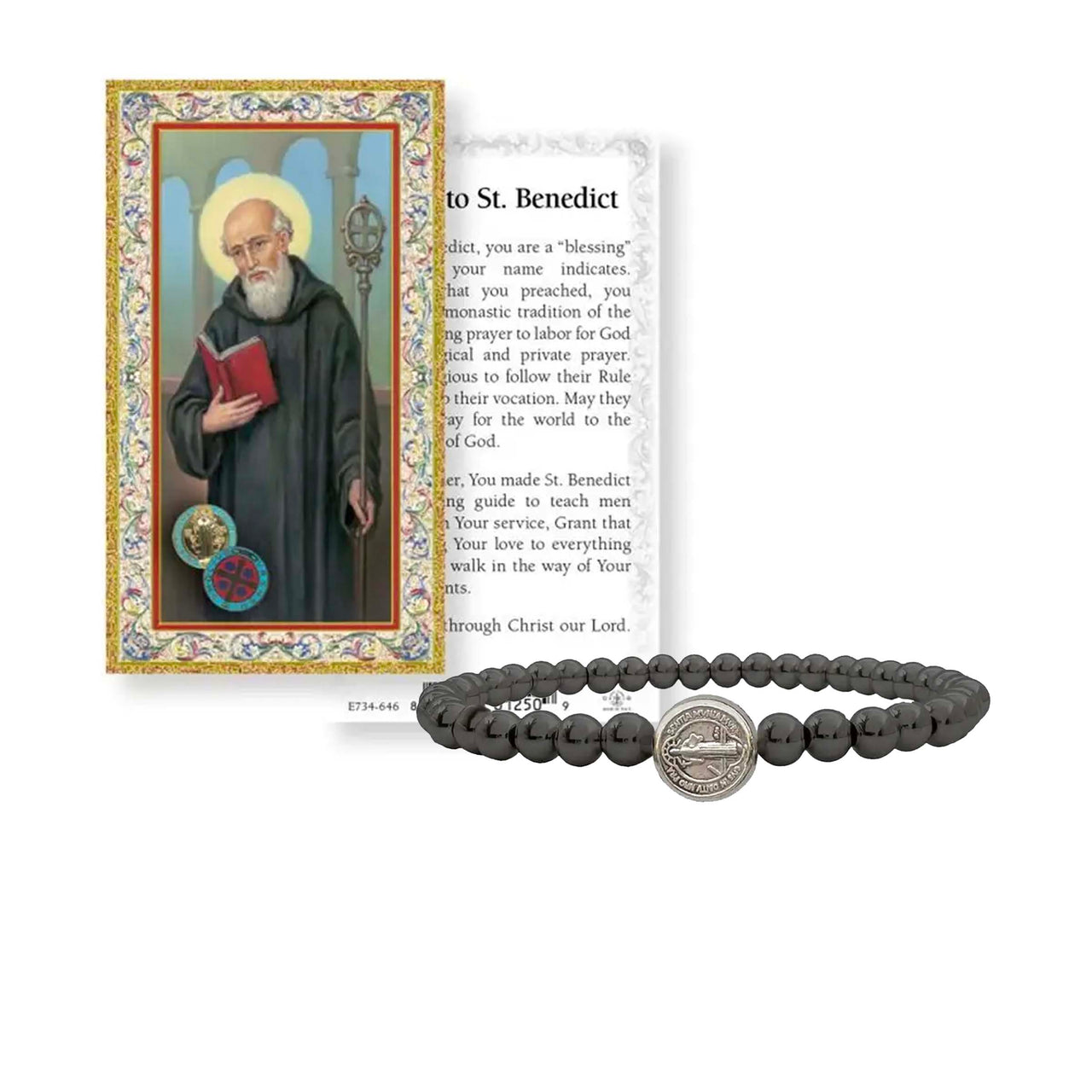 A Subliminal St. Benedict Beaded Bracelet with a prayer card, featuring a portrait of St. Benedict and a Benedictine cross.
