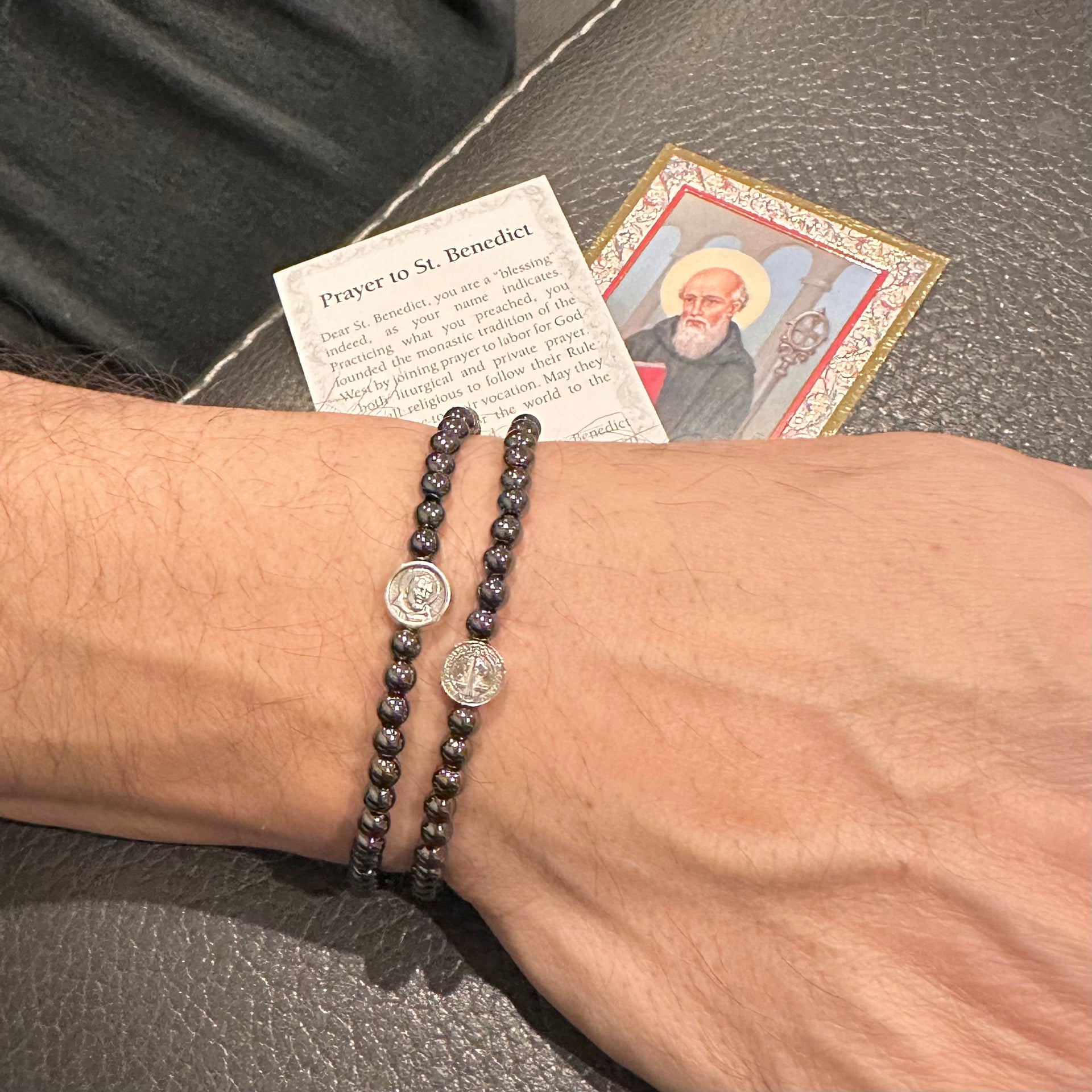Saint Benedict Beaded Bracelet mens stretch bracelet shown on wrist