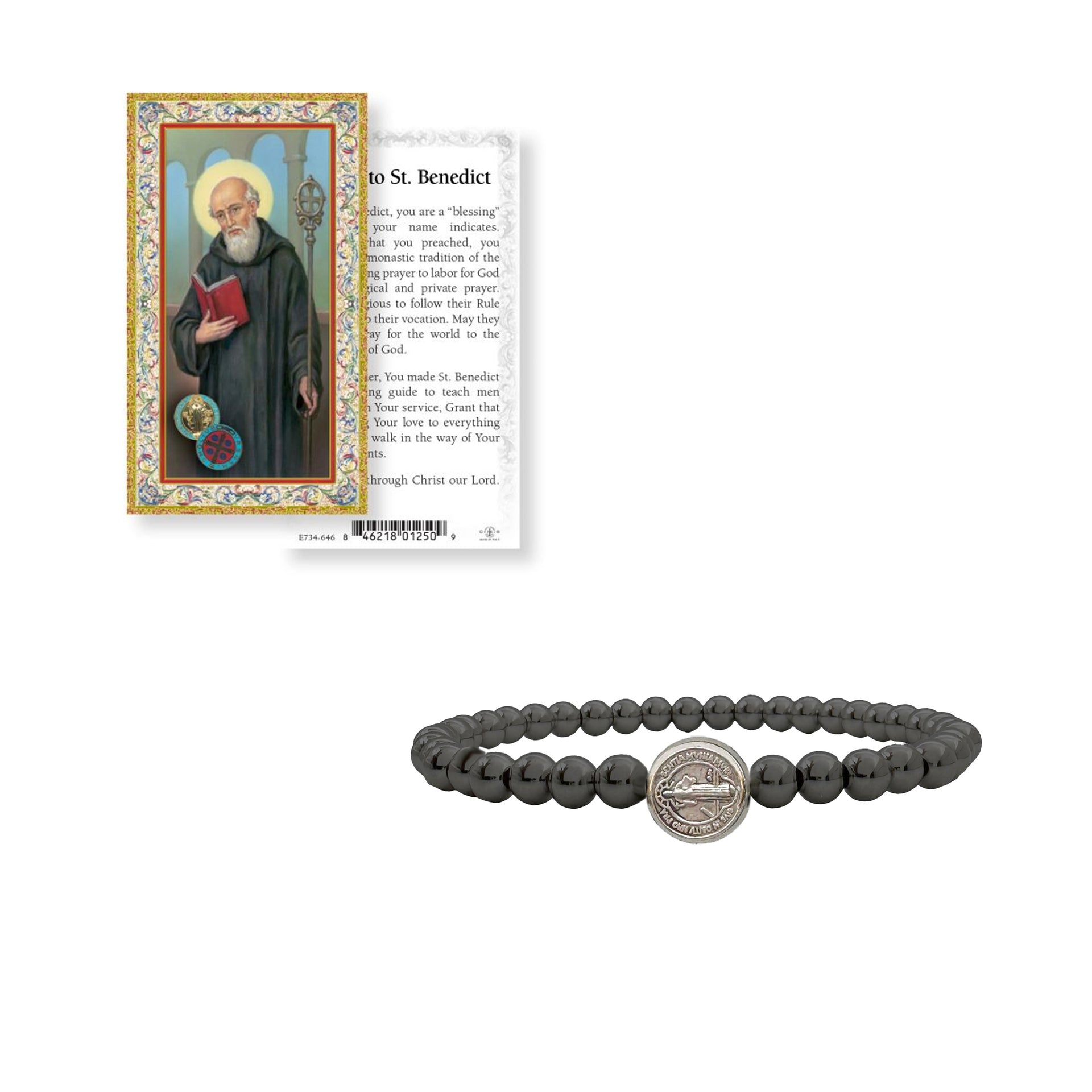 Saint Benedict prayer card included with beaded stretch bracelet