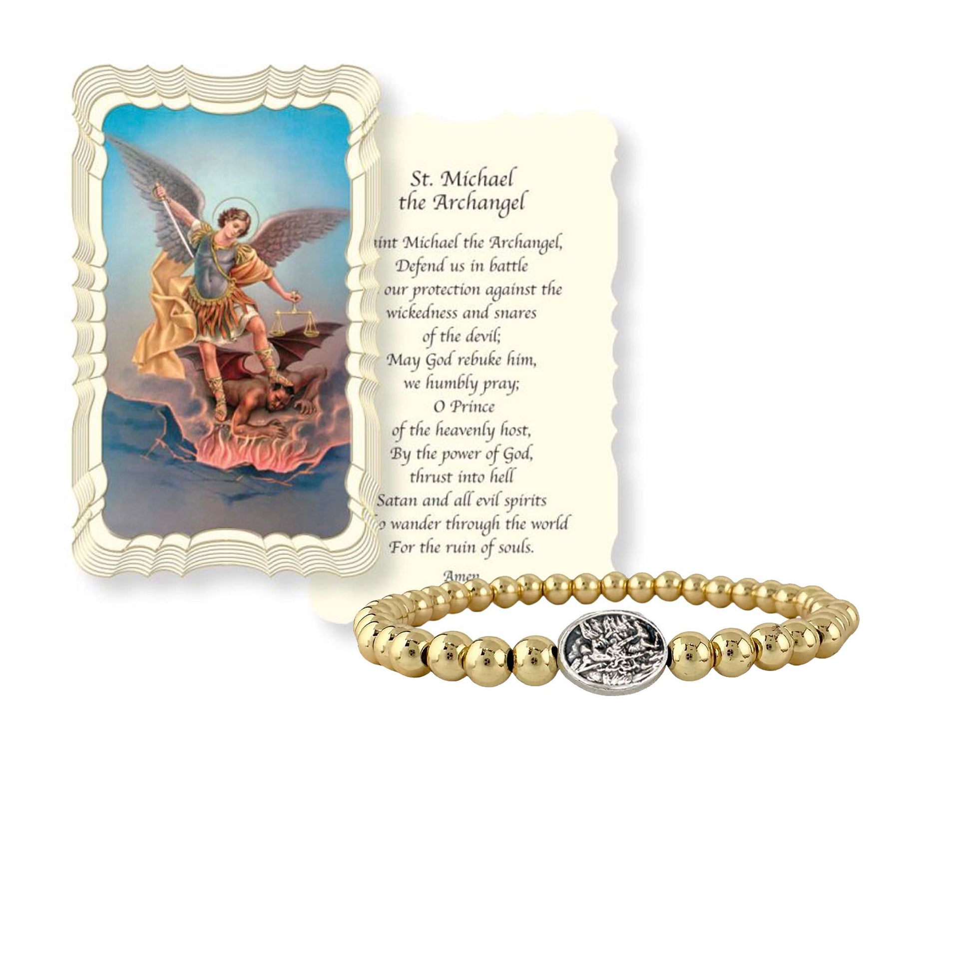 saint michael archangel bracelet gold displayed with saint michael prayer card love lisa