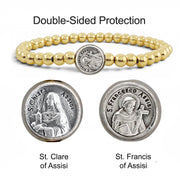 subliminal saint francis and saint clare protection bracelet with double sided medal and gold beaded stretch design