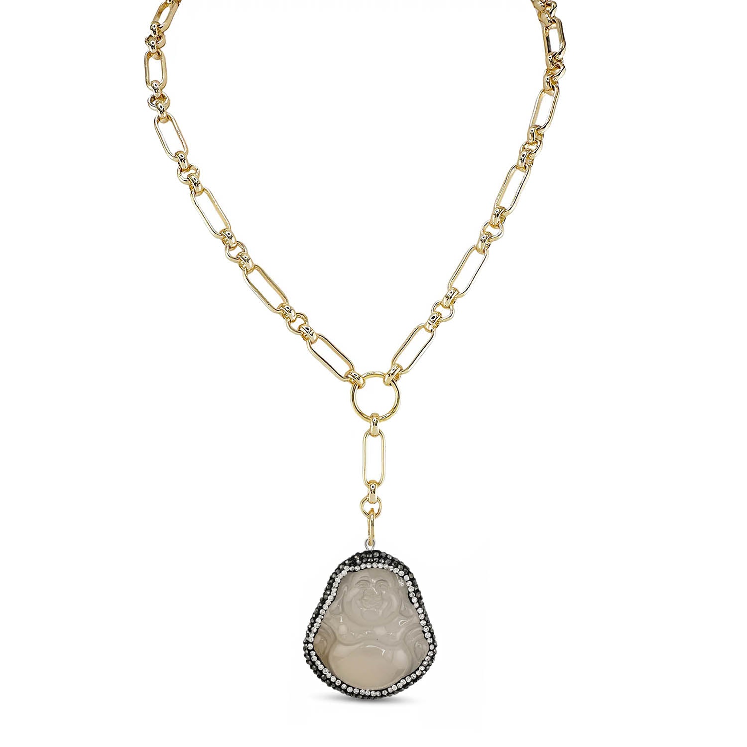 Gold chain necklace with a pendant on a white background