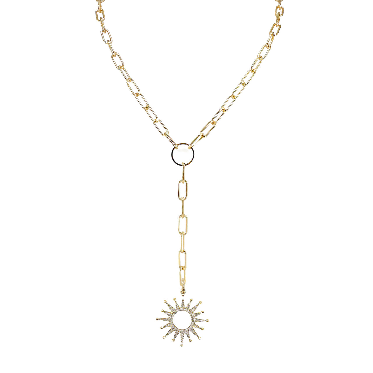 Gold necklace with a sun-shaped pendant on a white background