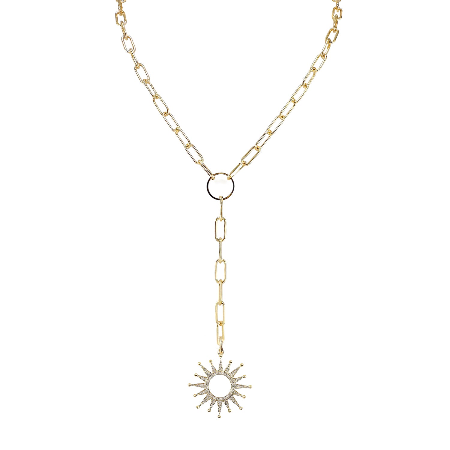 Gold necklace with a sun-shaped pendant on a white background