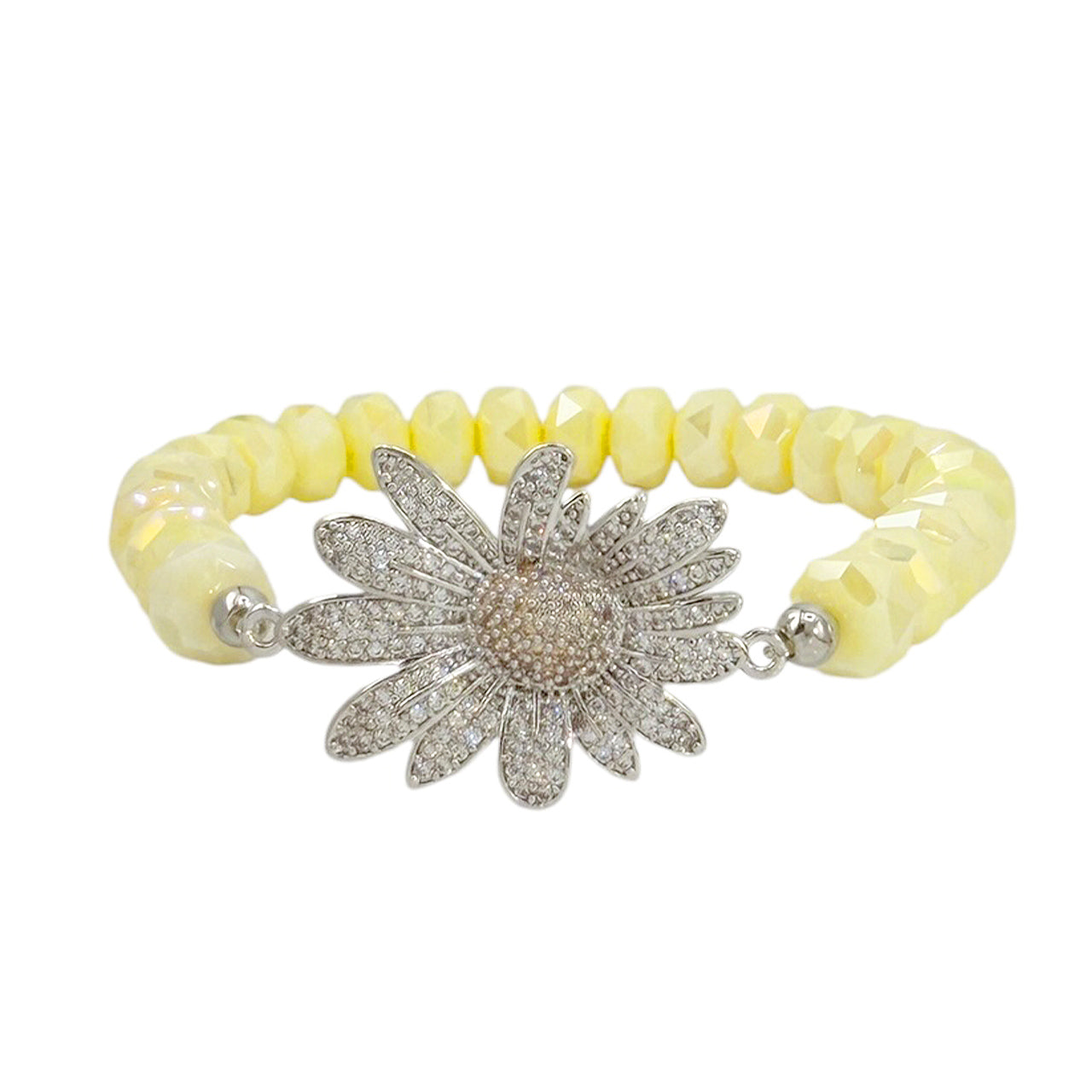 Sunflower beaded stretch bracelet buttercream with faceted crystal beads and pave sunflower centerpiece
