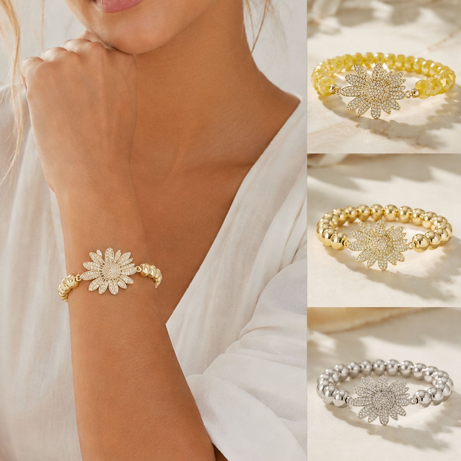 Love Lisa sunflower beaded stretch bracelet sunlit yellow with faceted crystal beads and pave sunflower centerpiece
